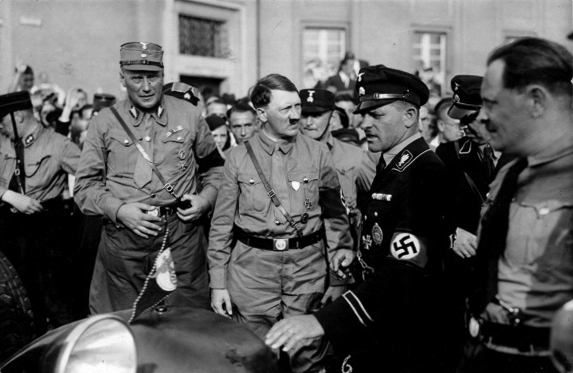 Adolf Hitler in Königsberg next to Joseph Sepp Dietrich and Wilhelm Brückner